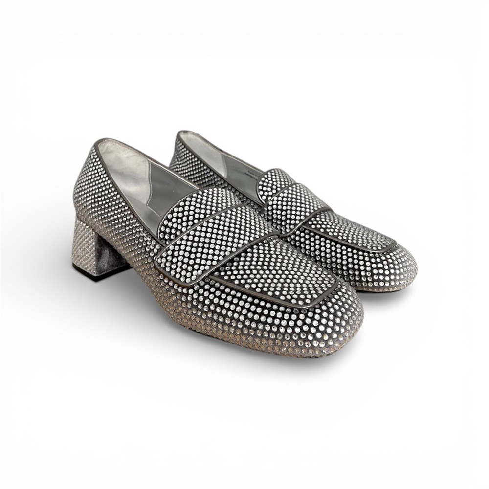 New Jeffrey Campbell Rhinestone Block Heel‎ Loafer Shoes Women Silver Sparkle